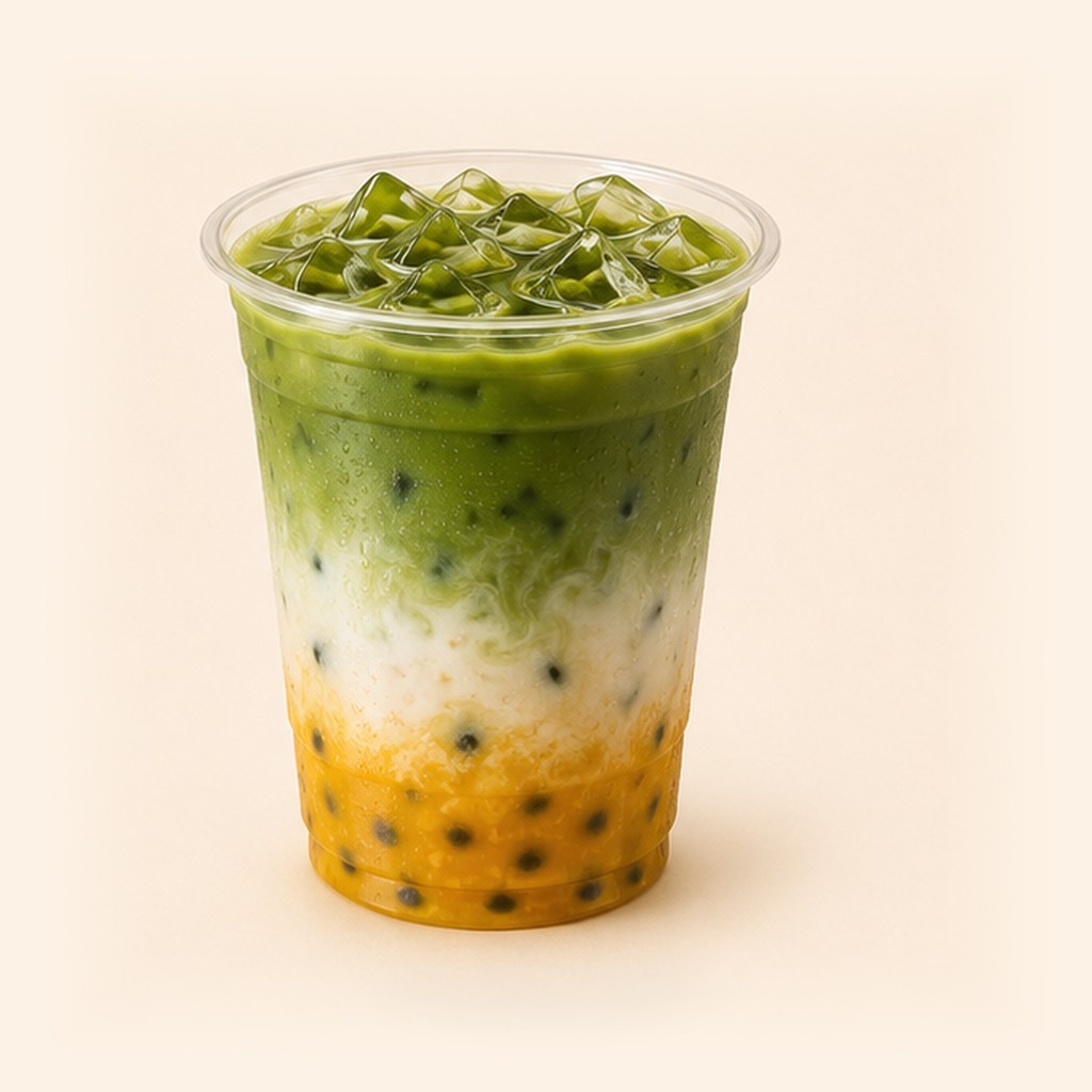 Tropical Bloom Matcha with pineapple passionfruit and matcha layers