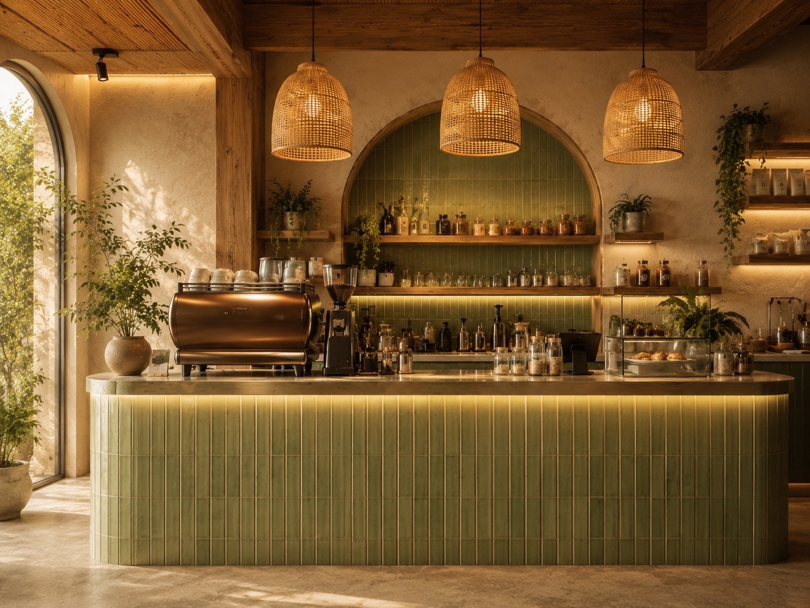 Green tile counter and café bar concept